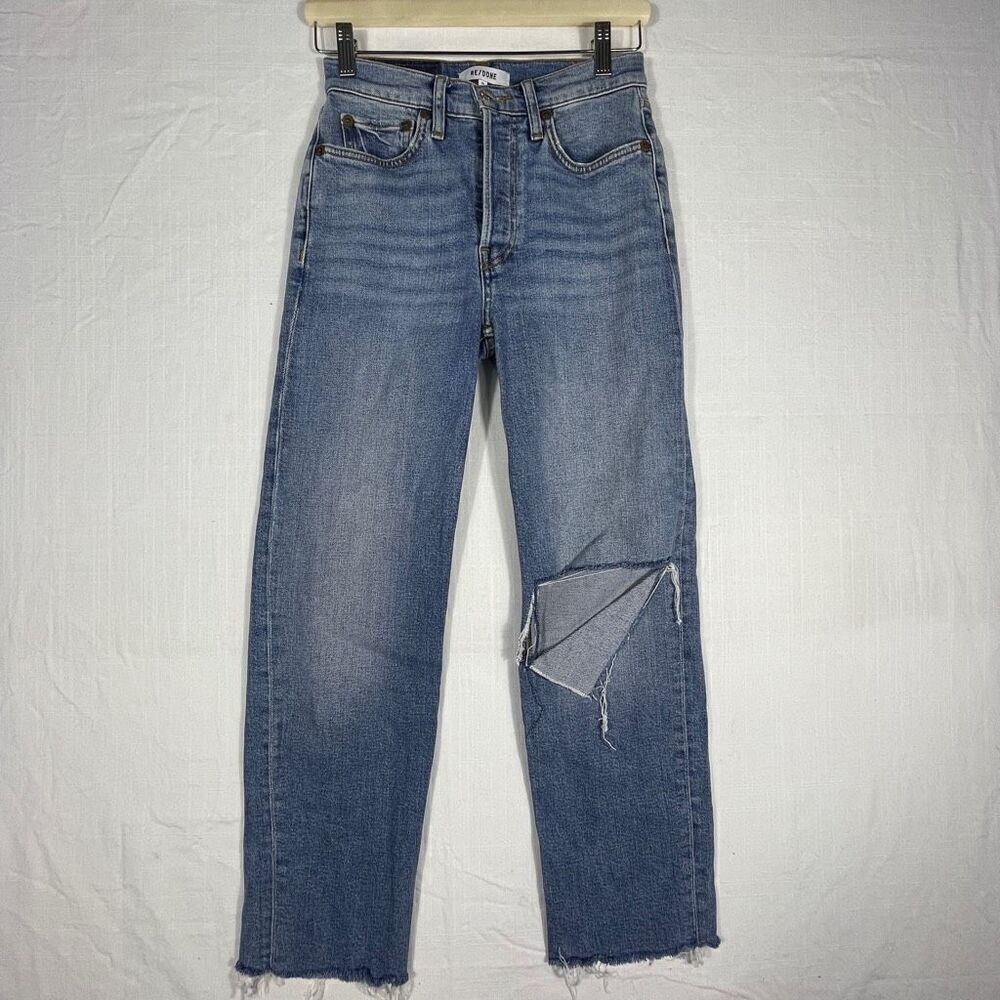 Redone Blue Cotton Blend Denim 80’s Slim Straight Leg Distressed Jeans Size 25